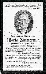Prayer card of Maria Zimmerman in German